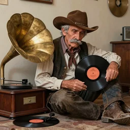 an old cowboy with a moustache sitting boredly by a gramophone, holding a record, digital art, artstation, detailed, high quality