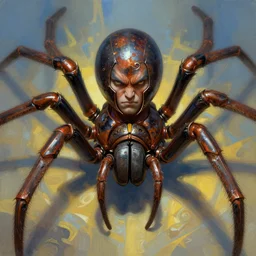 The angry God Spider, portrait, highly detailed, digital painting, artstation, concept art, smooth, detailed rusty armor, sharp focus, beautiful face, symmetric face, dystopian, cinematic, videogame cover art, illustration, fantasy, blue and yellow color theme, art by Artgerm and Greg Rutkowski and Alphonse Mucha