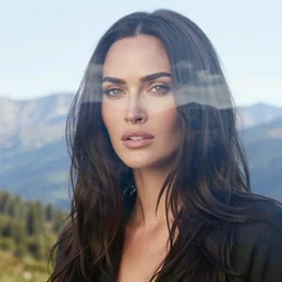 double - exposure effect of megan fox face and beautiful mountains, mash up, blending, in the style of dan mountford