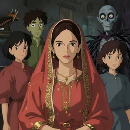 portrait of a woman wearing hindi clothings by anna dittmann and by studio ghibli and tim burton and junji ito and zdzislaw beksinski. digital art. surreal. featured on art station. anime arts. featured on pixiv, hd, 8 k, highly detailed, good lighting