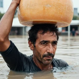 closeup portrait of a man carrying a wheel of cheese over his head in a flood in North Terrace in Adelaide in South Australia, photograph, natural light, sharp, detailed face, magazine, press, photo, Steve McCurry, David Lazar, Canon, Nikon, focus