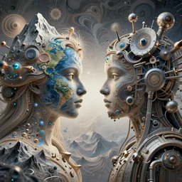 a portrait the war between mother earth mountains vs human technology, character portrait made of fractals facing each other, ultra realistic, wide angle, intricate details, the fifth element artifacts, highly detailed by peter mohrbacher, hajime sorayama, wayne barlowe, boris vallejo, aaron horkey, gaston bussiere, craig mullins
