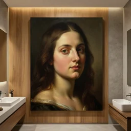 beautiful oil matte portrait painting, modern bathroom with wood paneling and concrete walls designed by zaha hadid, wonderful masterpiece, highly detailed, beautiful cinematic light, deep focus, elegant, digital painting, smooth, sharp focus, golden ratio, dramatic illumination, ultra realistic, 8 k, art by artemisia lomi gentileschi and caravaggio