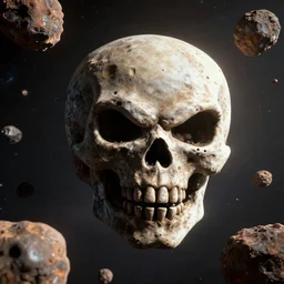 asteroid belt with big asteroid in form of punisher skull. background many asteroids