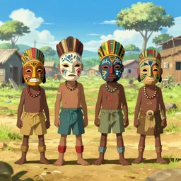 a film still from Tekkonkinkreet, 4 kids wearing african tribal masks with graffiti war paint stand together in an open field in the middle of an African favela , 2d game fanart behance hd by Jesper Ejsing, by RHADS, Makoto Shinkai and Lois van baarle, ilya kuvshinov, rossdraws global illumination