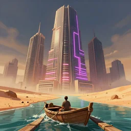 a man in a makeshift boat traveling canals looking up at a massive brutalist neon lit skyscraper in a desert wasteland on a in the style of Rob Lefield and Ralph McQuarrie, Daniel Merriam :.1, trending on artstation, digital art, third person perspective, viewed from below, wide angle, establishing shot