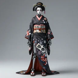 full body portrait of a gothic style punk robot geisha with kanji tattoos and decals wearing a digital pixelated kimono, intricate design, photo - realistic, octane render, dark colour palette, ultra fine detailed, character design, trending on artstation