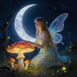 attractive, fairy, in the night, fantasy, crescent moon in background, luminous, toadstools, fireflies, fantasy, highly detailed painting by gaston bussiere, craig mullins, j. c. leyendecker, mid shot, 8 k realistic, sharp focus