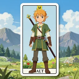 an wood elf boy getting ready for an high fantasy adventure on the mountain side, anime style, tarot card, Tarot card the fool, intricate detail, fine line work