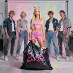still from music video of barbie palvin from die antwoord standing in a photo studio, wearing a trashbag garbage bag and flowers, street fashion, full figure portrait painting by martine johanna, ilya kuvshinov, rossdraws, pastel color palette, spraypainted bodypaint graffiti