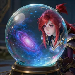 league of legends, kai'sa looking at a galaxy in a crystal ball, realistic