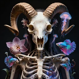 goddess close-up portrait ram skull, thorax, x-ray, backbone, jellyfish phoenix head, nautilus, orchid, skull, betta fish, bioluminiscent creatures, intricate artwork by Tooth Wu and wlop and beeple. octane render, trending on artstation, greg rutkowski very coherent symmetrical artwork. cinematic, hyper realism, high detail, octane render, 8k