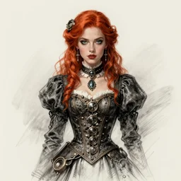 illustrated portrait of beautiful woman, red hair, steampunk dress, charcoal sketch