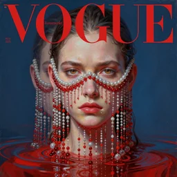 3 d, close - up, red water, frown fashion model, vogue cover style, mask of hanging beads, poster art, high detail, intricate oil painting, multiple exposure, hyperrealism, deep blue mood, 3 d, by greg rutkowski
