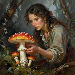A mixed media portrait painting of a beautiful mycologist woman tending her amanita muscaria mushrooms, detailed Aesthetic! face and eyes, slavic, by Frank Frazetta, Greg Rutkowski, Beeple, Boris Vallejo, Christian MacNevin, epic fantasy character art, high fantasy, CGsociety, full length, exquisite detail, post-processing, masterpiece, cinematic