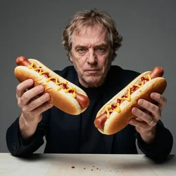 Slavoj Žižek demolishing two hotdogs at once