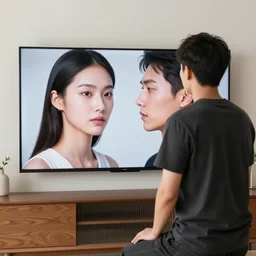 -A man is standing in front of tv and watching the tv, tv shows a female model and a man copy her face into his face., highly detailed, standing