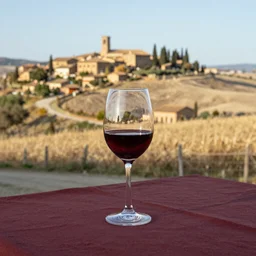 A glass of red wine on a table in a deserted town in Tuscany.