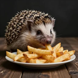 a hedgehog eating a large pile of fries from a plate
