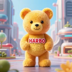 portrait of haribo bear in future city, color and shape focus, cnetral composition, natural light, bloom, puff, by simon