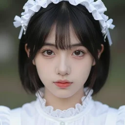 portrait photo of kawaii asian woman with black hair, victorian white ruffly dress. symmetrical face. symmetrical detailed defined eyes..