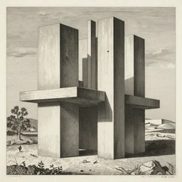 brutalist concrete structures, relativity, lithograph, etching by giovanni battista piranesi, m. c. escher