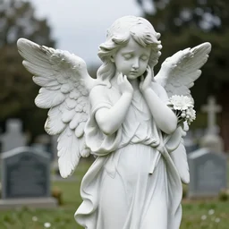 statue of a crying angel holding flowers by a grave, graveyard with a church in a forest flower meadow landscape in the background, colored pencil drawing