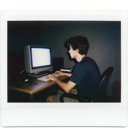 Detailed polaroid photograph of a guy sitting at his 80s computer late at night in a dark room with only the screen lighting up the room
