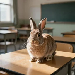 a photo with flash on of a rabbit on a classroom, with tables, day time, realistic