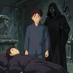 a 50 year old brunnete chinese man standing in a morgue funereal next to the grim reaper, horror scene, dramatic, anime art, Greg Rutkowski, studio ghibli, dramatic lighting