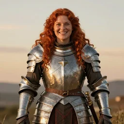 Symmetrical cleric of symmetry. Stocky red-haired woman wearing armor. Smiling. Happy. Cheerful. Art by william adolphe bouguereau. During golden hour. Extremely detailed. Beautiful. 4K. Award winning.