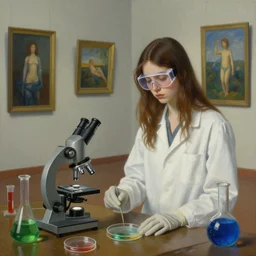 painting of a tall emo girl in a flooded art gallery, paintings on the wall, a microscope, a beaker of green liquid, a test tube of red liquid, a flask of blue liquid, a bunsen burner, a petri dish, a lab coat, safety goggles, latex gloves, zen, sensual, surrealist, by magritte and monet