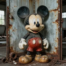 an old, broken, very deteriorated mickey mouse animatronic in the corner of an abandoned warehouse, rust, corrosion, mechanical parts, wires, creepy, 8 k, high quality