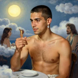 portrait of a ( ( ( un cafe ) ) ), ( ( bellaco guapo joven boricua pelo buzzed wifebeater blanca pecho peludo y con un arete de diamante ) ), nubes y magia, el sol, concept character, by tamara de lempicka and greg rutowski and mucha and bierstadt and remington, trending on