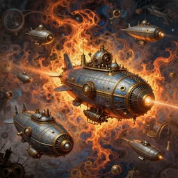 Steampunk Airships fleet before battle. By (Rembrandt painting(100)(fractal flame)), psychedelic, mech, pearlized, highly detailded