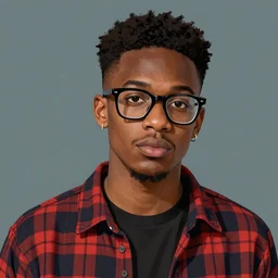 an original jean giraud digital art painting of a portrait of a dark - skinned hipster millennial, flannel, thick - rimmed glasses