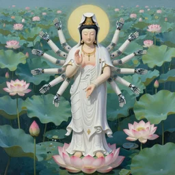 a beautiful surrealist painting of a 1 0 0 0 armed quan yin robot standing in the lotus garden in deep contemplation of the infinite by hanna yata, digital art