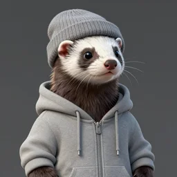 An anthropomorphic ferret wearing a grey hoodie and a grey beanie, trending on FurAffinity