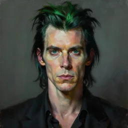 a portrait of nick cave with green hair, masterpiece, dramatic lighting, stunning painting by ruan jia, jakub rebelka and artgerm