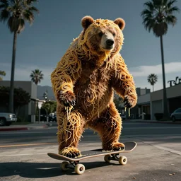 film still of a bear covered in spaghetti noodles riding a skateboard in compton ca, 8 k