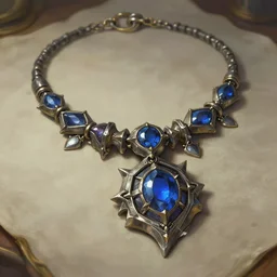 necklace on table close up, deep focus, intricate, highly detailed, digital painting, artstation, concept art, matte, sharp focus, illustration, hearthstone, art by artgerm and greg rutkowski