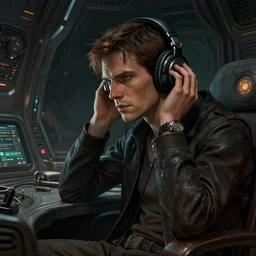 a epic cinematic shot of marty mcfly listening to music with headphones on in a dark liminal technology space room, gritty tech, deep focus, fantasy, intricate, elegant, highly detailed, digital painting, artstation, concept art, matte, sharp focus, illustration, dark fantasy style art, resident evil, art by artgerm and greg rutkowski and alphonse mucha
