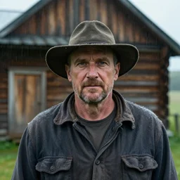 a cinematic headshot portrait of a farmer, stood outside a wooden cabin, raining, movie still, shallow depth of field, ultra realistic, dramatic lighting, by krenz cushart