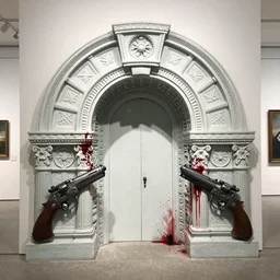 the war portal highly detailed carving on southern ice porcelain, partially bloody crystallized, guns, blood, art gallery