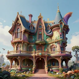 trippy fantasy wavy futuristic victorian atompunk mansion, surreal, fins, architectural accents, colourful paint - c 7