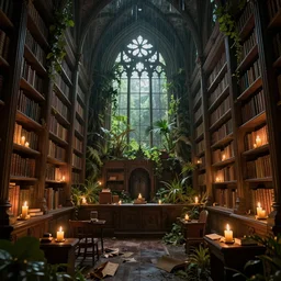 decaying interior of an ( ( old library ) ) with a rainforest growing inside, highly detailed, mystical cathedral windows, glowing candles, intricate detail, beautiful 3 d rendering, octane render, hyperrealistic, trending on artstation, by greg rutkowski and simon stalenhag