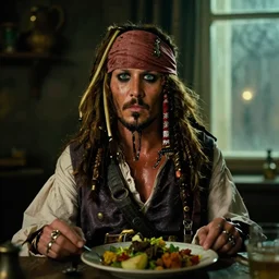 soviet movie still jack sparrow sitting at a table next to the window with food, dark warm light, a character portrait by margarita terekhova, movie stalker solaris film still by andrei tarkovsky, 8 k, 1 9 8 4, close - up bokeh, gelios lens, color, noir