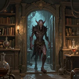 cthulhu in the doorway, wizard lab interior, alchemy lab, fantasy setting, bookshelves, detailed, digital art, 4 k