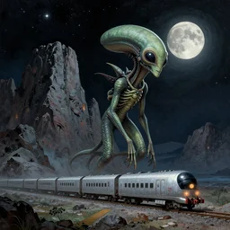 long organic alien weird David cronenberg rocket train train mountain starry moonlit night sky by Charles Vess, Gilbert Williams amazing landscape digital art 4k
