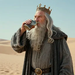 gandalf the grey wearing a crown drinking a flask of whiskey in a desert, in the movie the wizard of oz